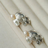 Elegant Natural Pearl Double Silver Flower Stud Earrings