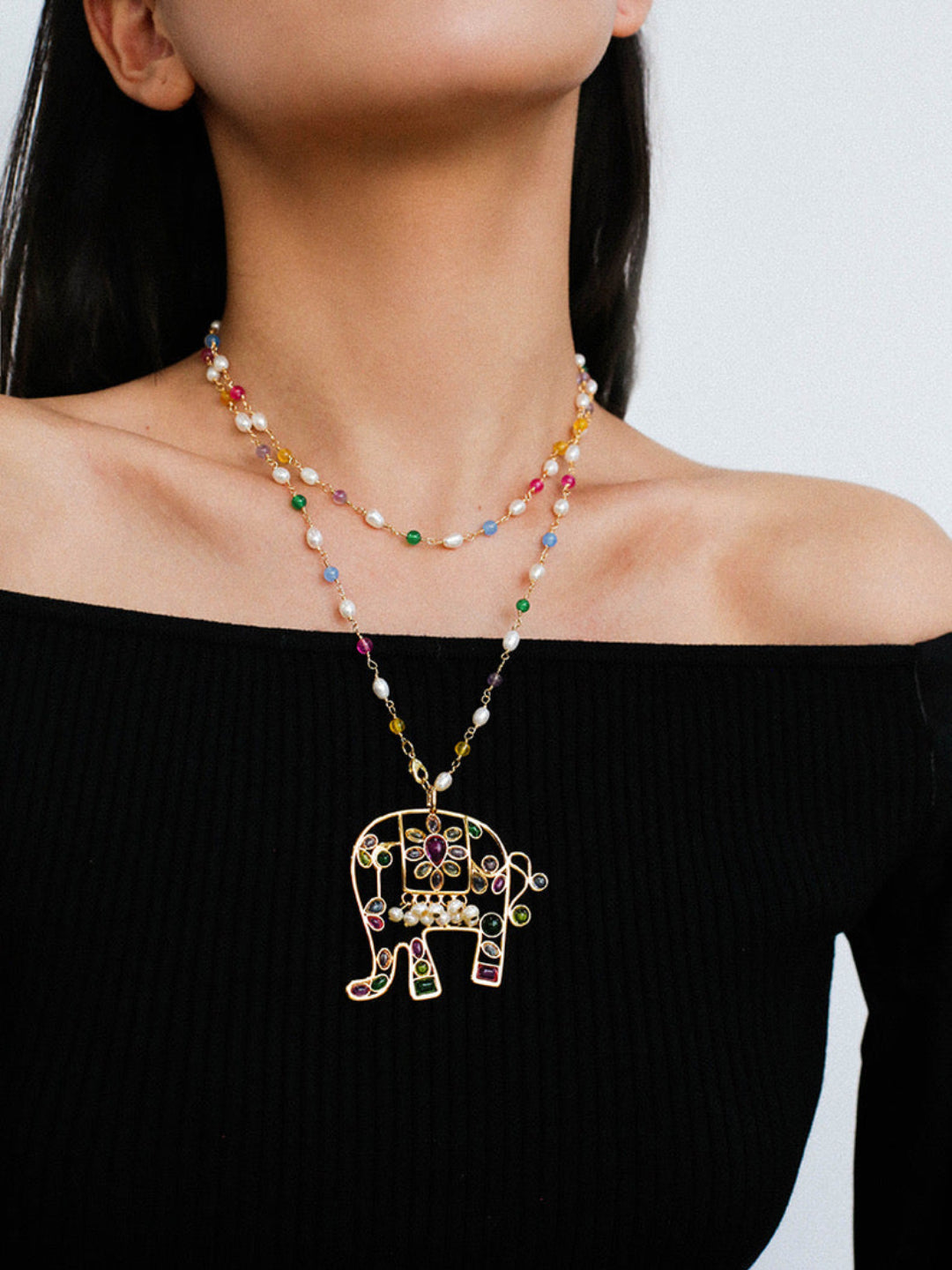 Vintage Coloured Glaze Pearl Elephant Necklace