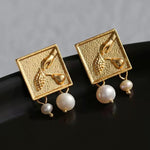 Vintage Gold Embossed Square Pearl Earrings