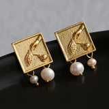 Vintage Gold Embossed Square Pearl Earrings