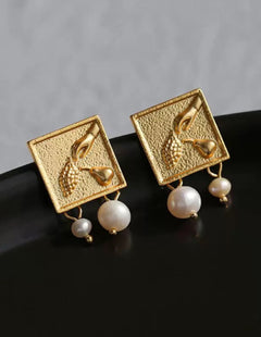 Vintage Gold Embossed Square Pearl Earrings