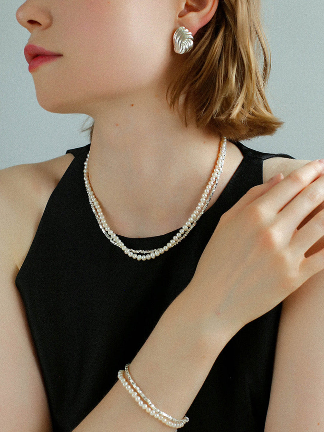 Natural Pearl Silver Bean Double Necklace