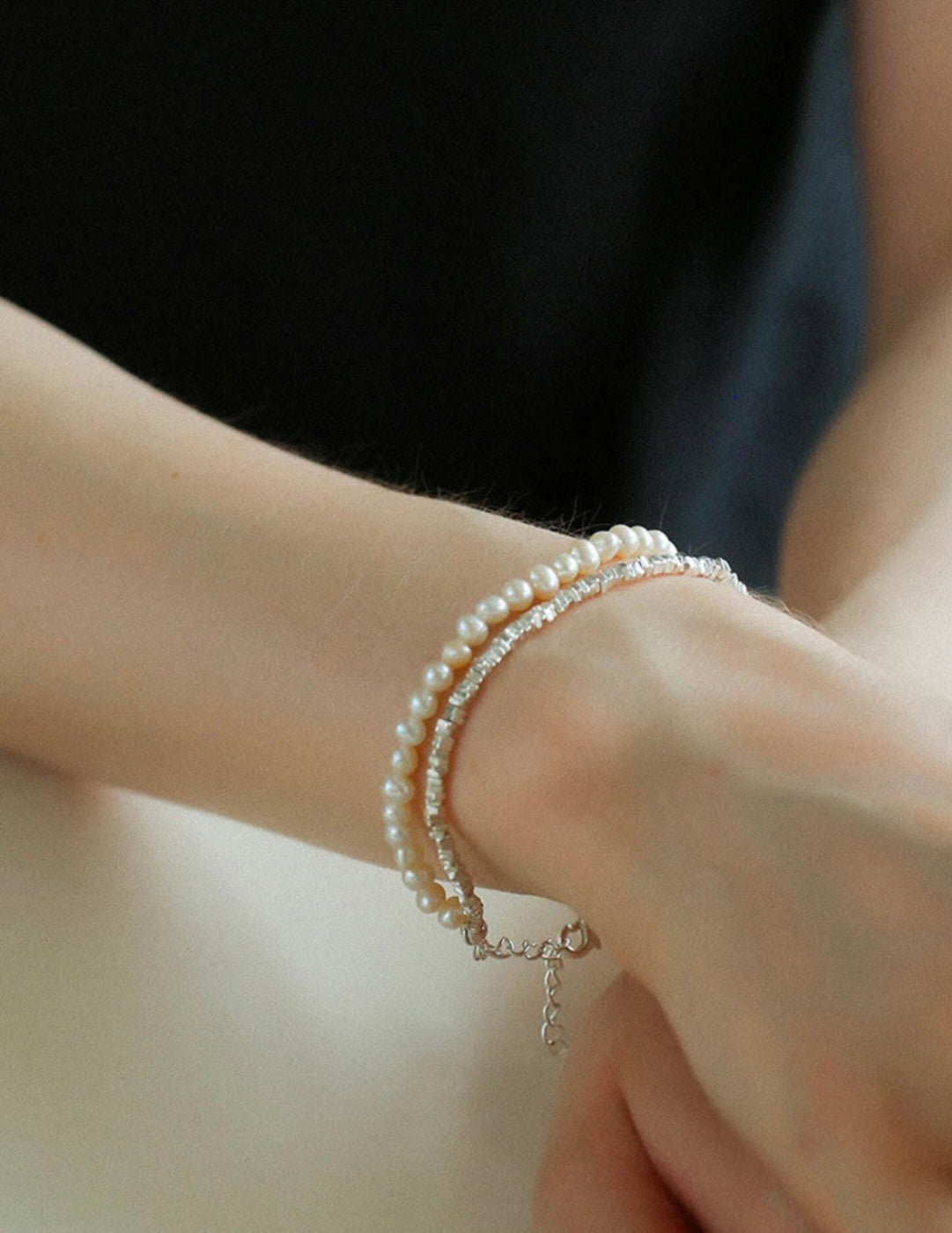 Natural Pearl Silver Bean Double Bracelet