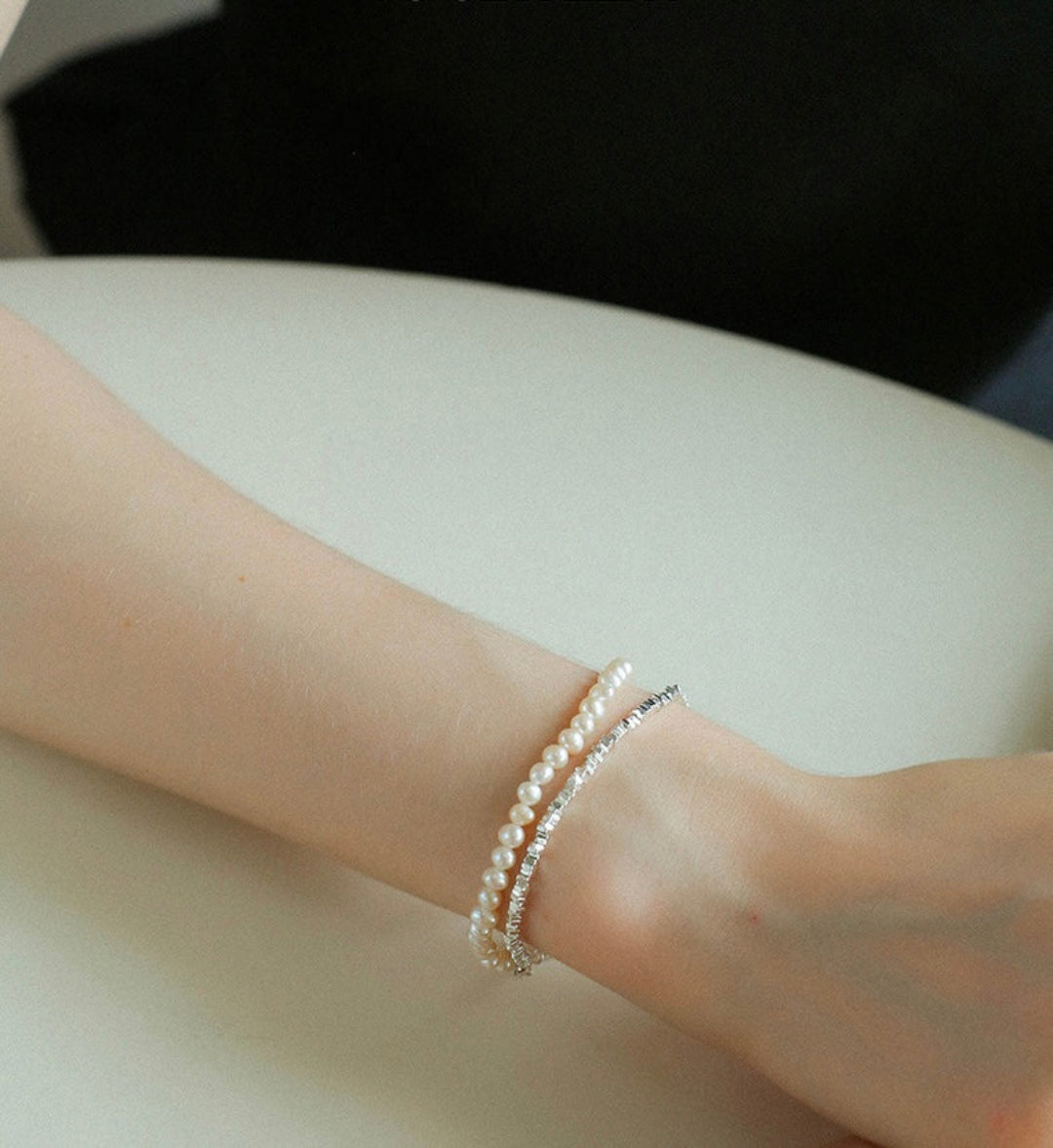 Natural Pearl Silver Bean Double Bracelet