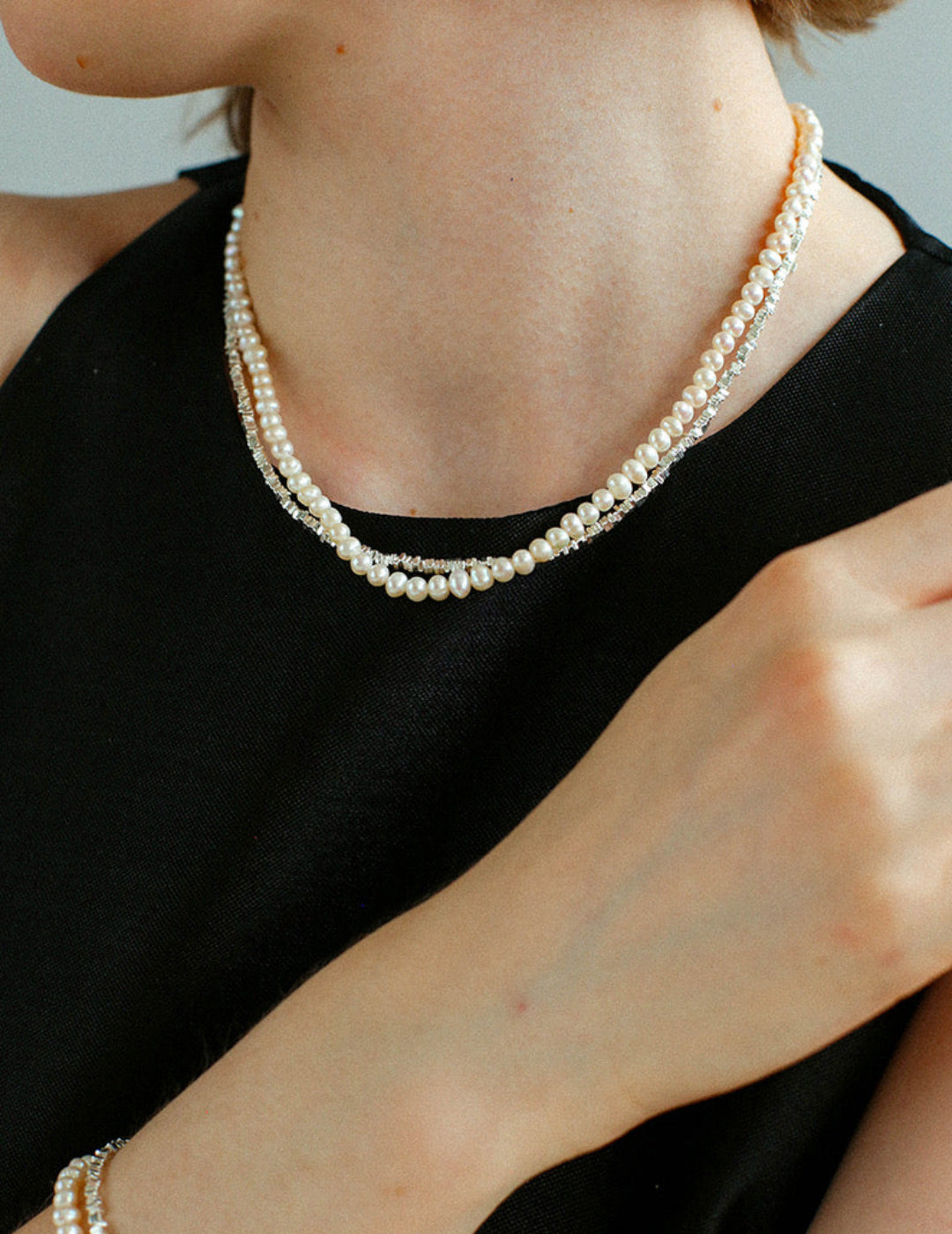 Natural Pearl Silver Bean Double Necklace