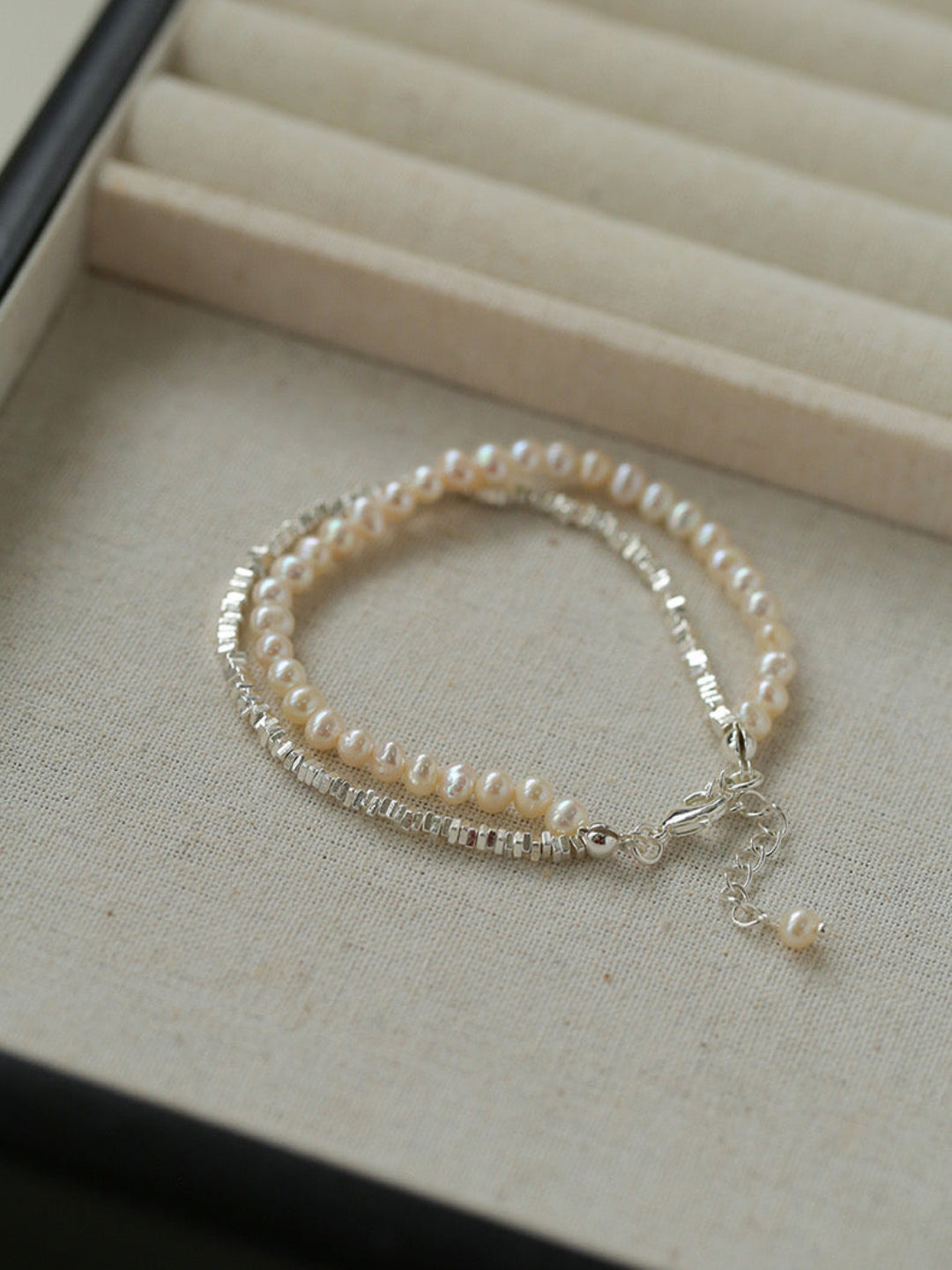 Natural Pearl Silver Bean Double Bracelet