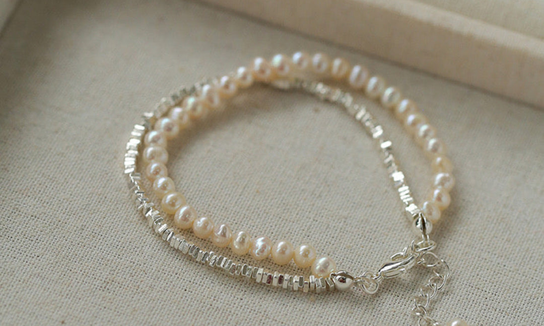 Natural Pearl Silver Bean Double Bracelet