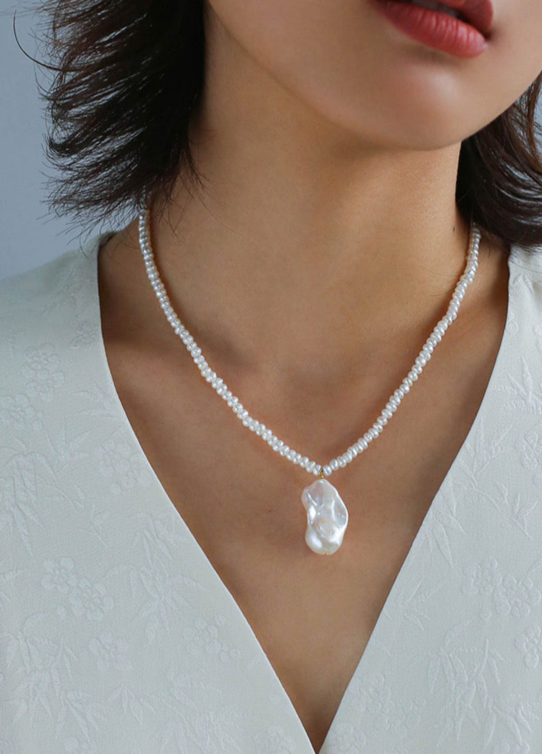 Simple Natural Baroque Pearl Rice Bead Necklace