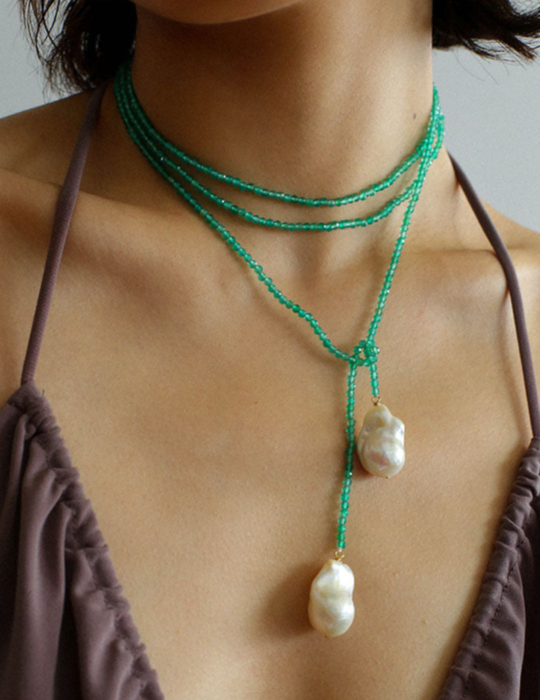 Natural Baroque Pearl Green Agate Beaded Necklace