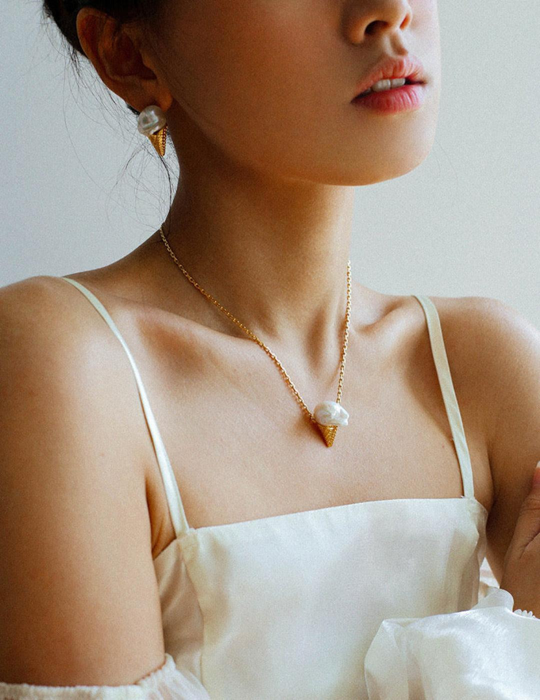 Natural Baroque pearl ice cream cone Earrings - Gembea Jewelry