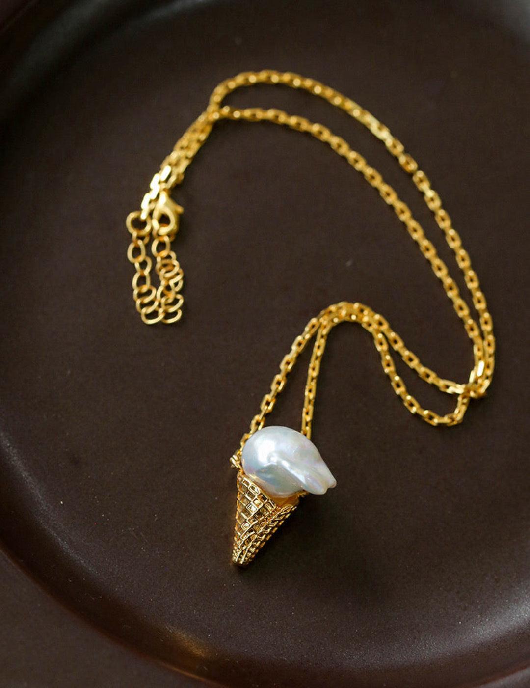 Natural Baroque Pearl Ice Cream Cone Necklace - Gembea Jewelry