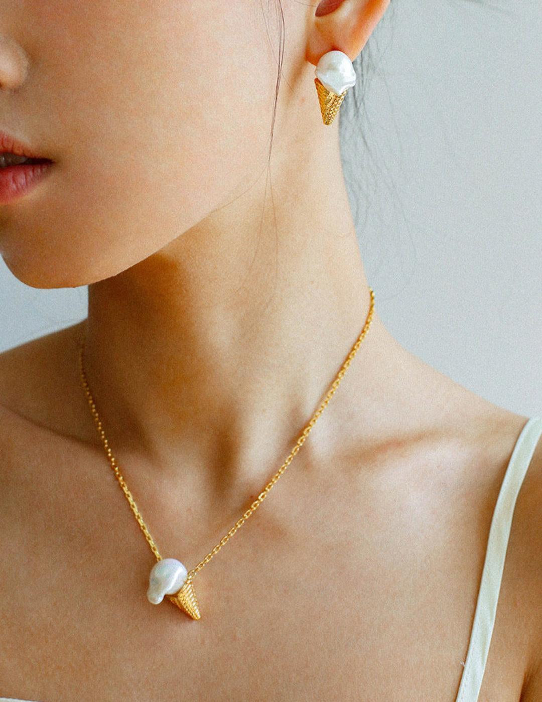 Natural Baroque pearl ice cream cone Earrings - Gembea Jewelry