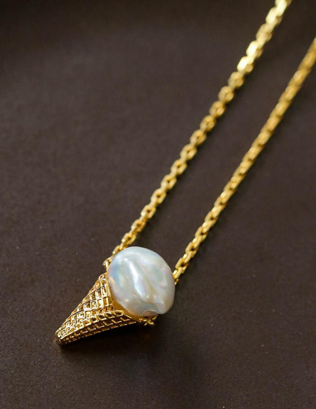 Natural Baroque Pearl Ice Cream Cone Necklace - Gembea Jewelry