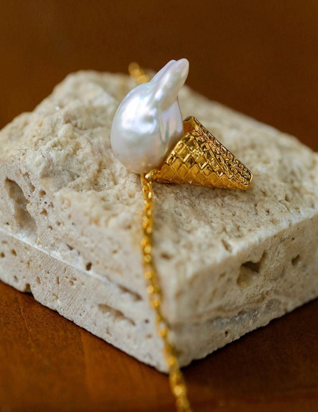 Natural Baroque Pearl Ice Cream Cone Necklace - Gembea Jewelry