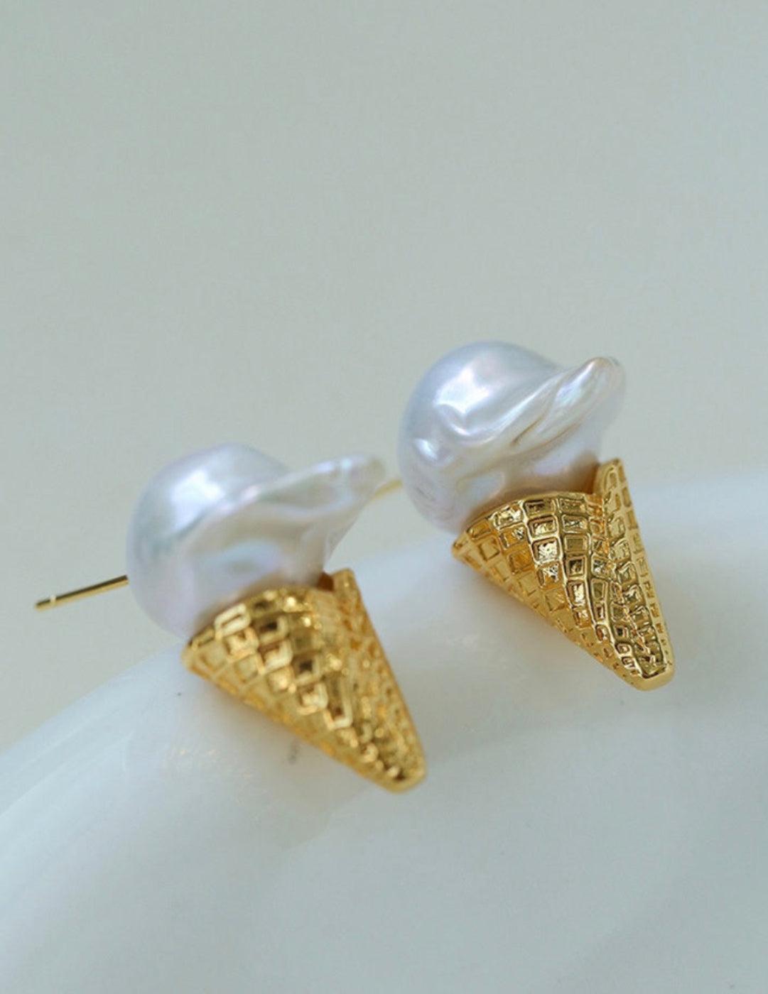 Natural Baroque pearl ice cream cone Earrings - Gembea Jewelry