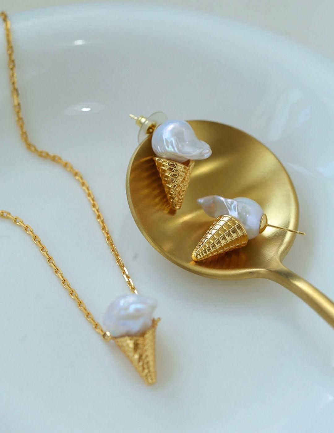 Natural Baroque pearl ice cream cone Earrings - Gembea Jewelry
