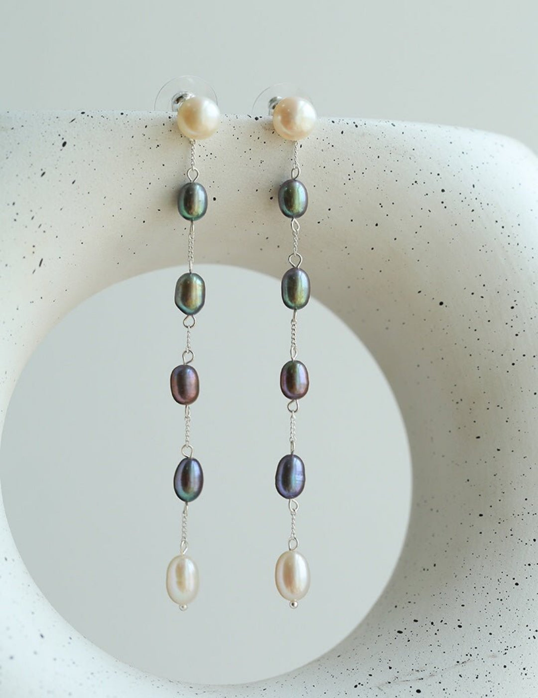 Iridescent Pearl Two-Tone Long Dangle Earrings gembea jewelry