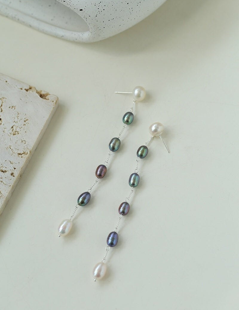 Iridescent Pearl Two-Tone Long Dangle Earrings gembea jewelry