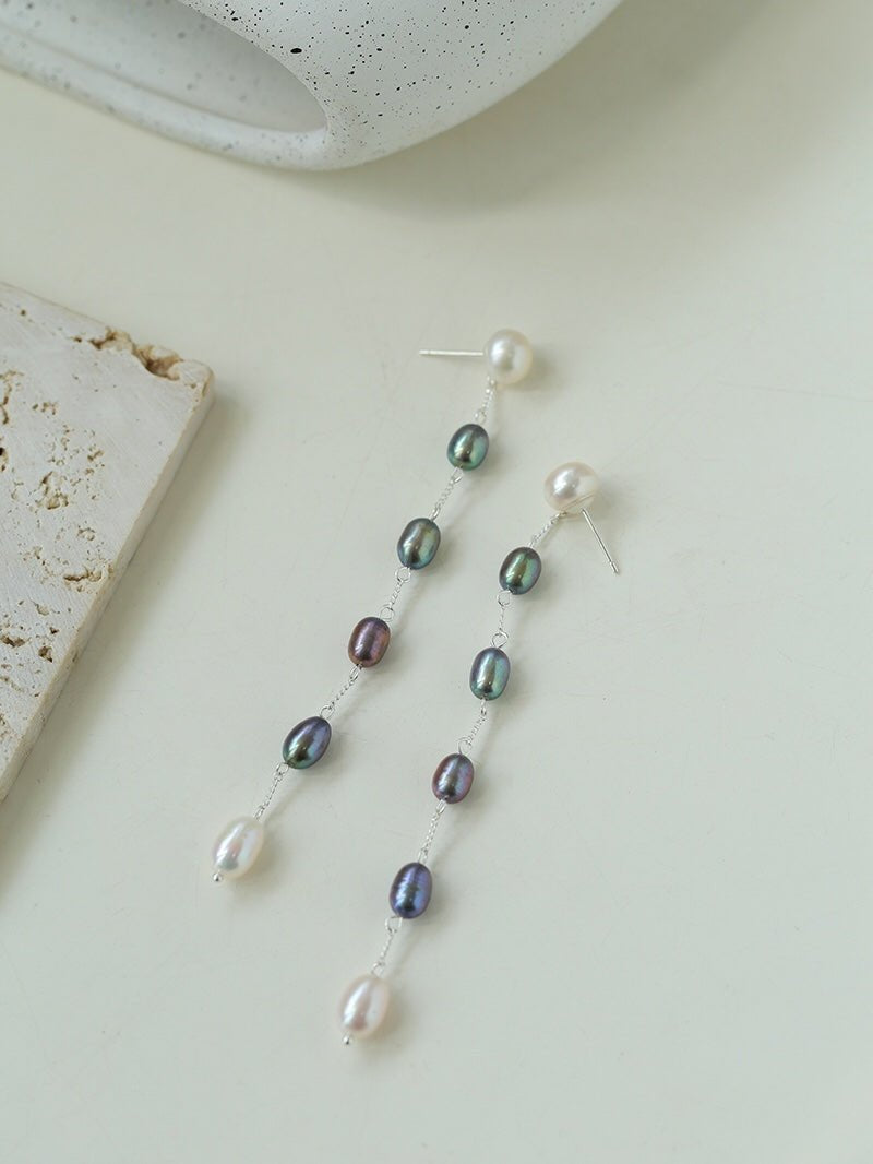 Iridescent Pearl Two-Tone Long Dangle Earrings gembea jewelry