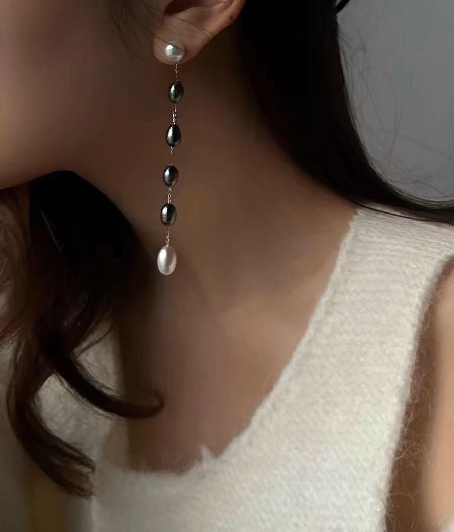 Iridescent Pearl Two-Tone Long Dangle Earrings gembea jewelry