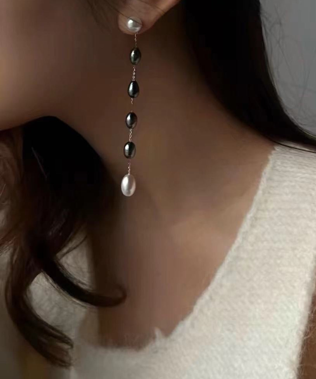 Iridescent Pearl Two-Tone Long Dangle Earrings gembea jewelry