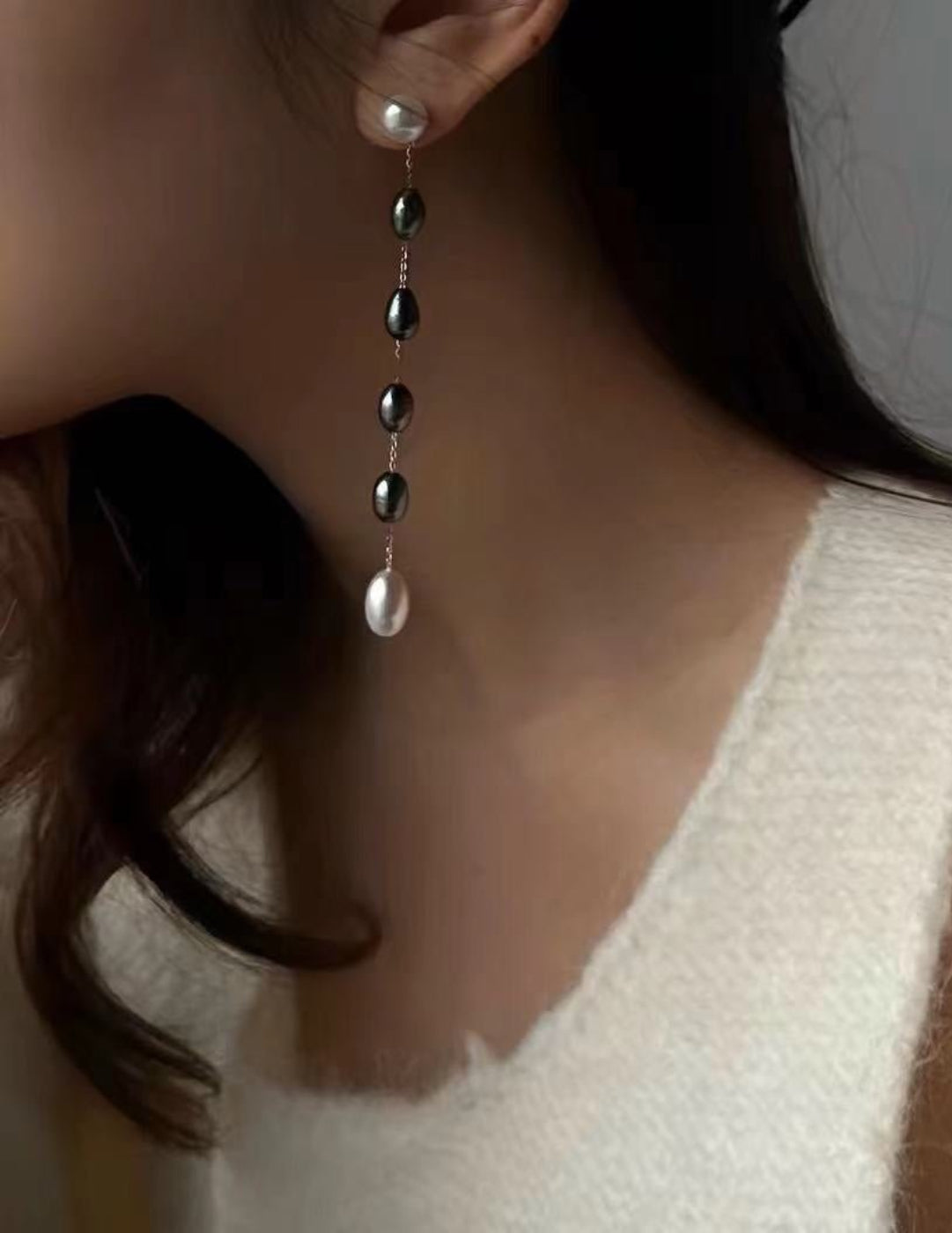 Iridescent Pearl Two-Tone Long Dangle Earrings gembea jewelry