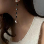Iridescent Pearl Two-Tone Long Dangle Earrings gembea jewelry