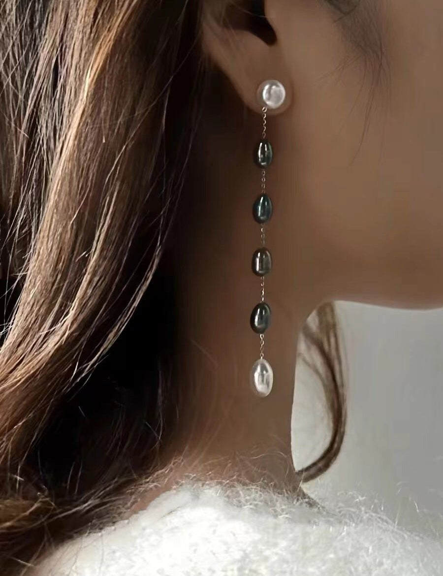 Iridescent Pearl Two-Tone Long Dangle Earrings gembea jewelry