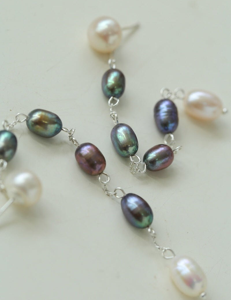 Iridescent Pearl Two-Tone Long Dangle Earrings gembea jewelry