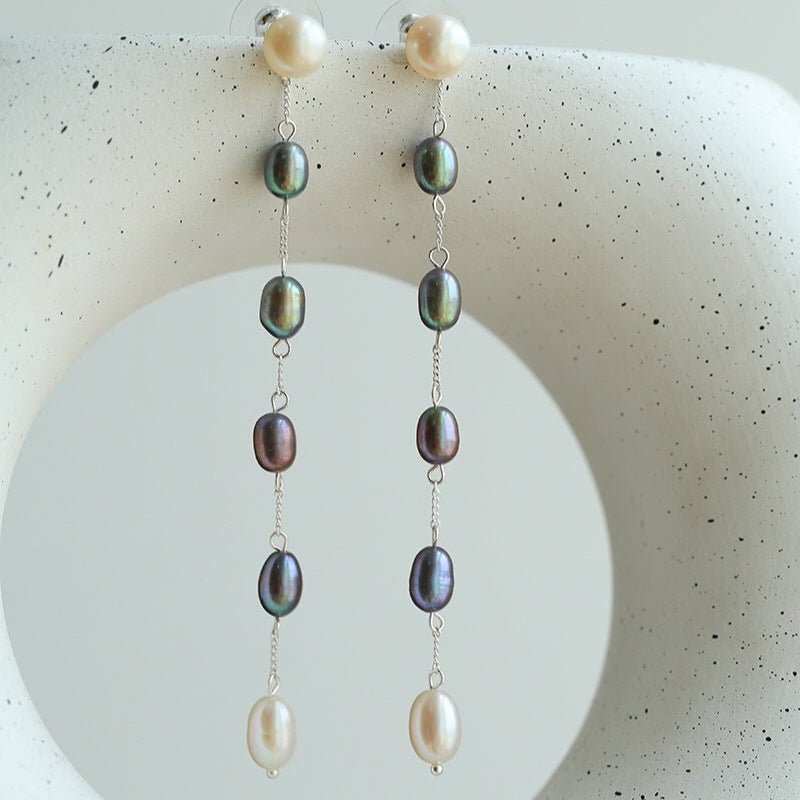 Iridescent Pearl Two-Tone Long Dangle Earrings gembea jewelry