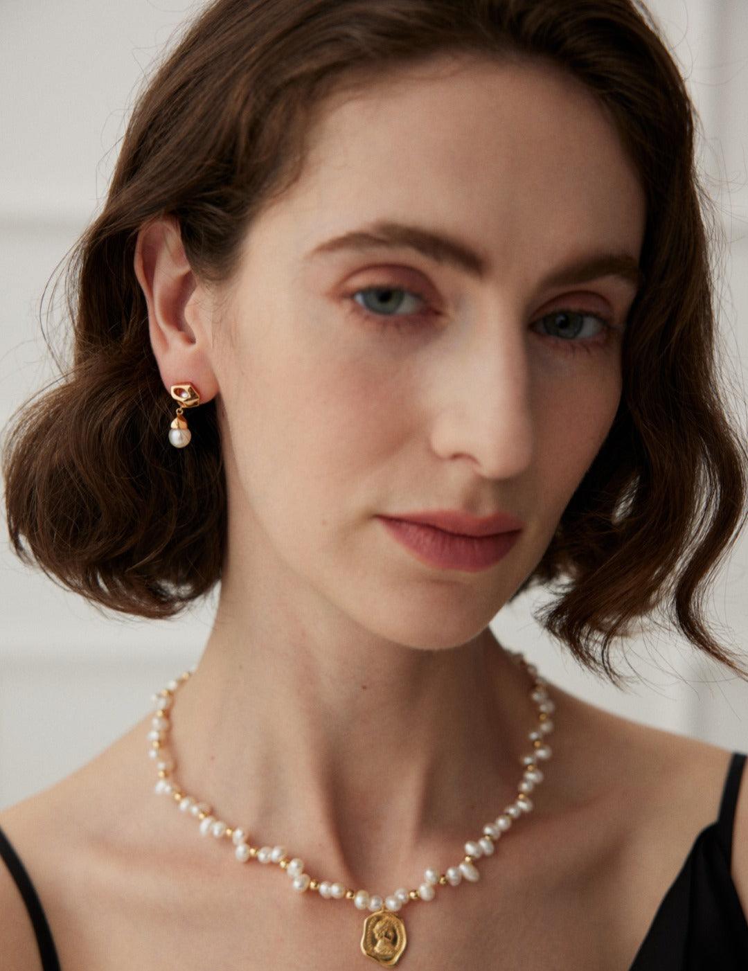 Irregular Diamond Pearl Earrings Drop - Gembea Jewelry