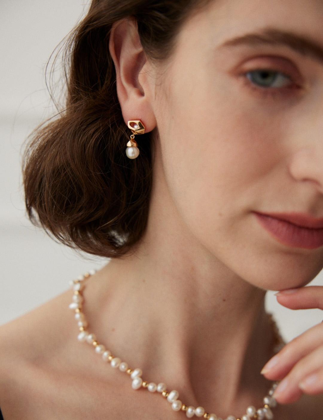 Irregular Diamond Pearl Earrings Drop - Gembea Jewelry