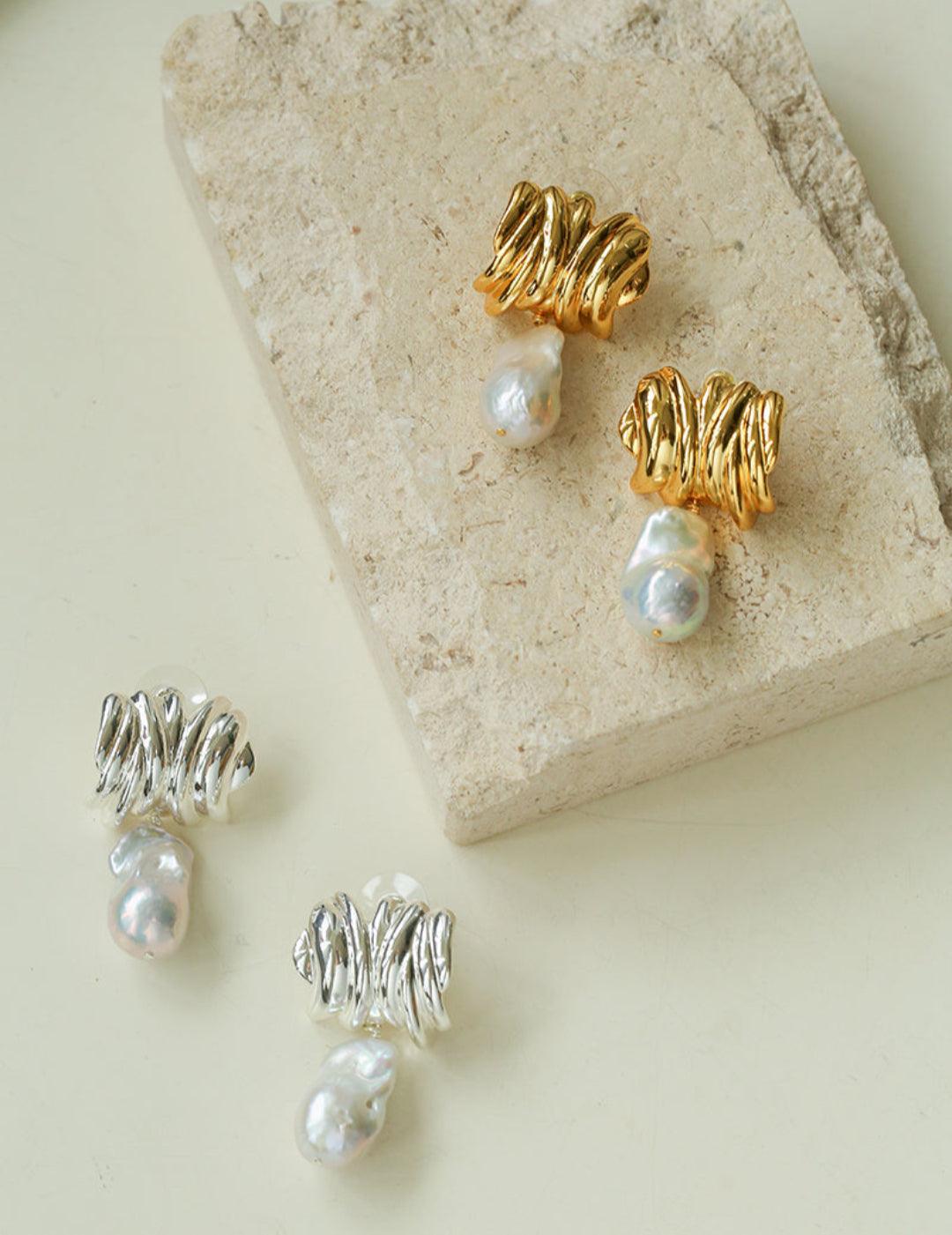 Irregular Geometric Metal Baroque Pearl Earrings - Gembea Jewelry