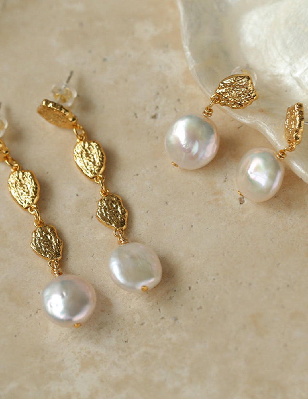 Irregular Gold Coin Button Pearl Earrings - Gembea Jewelry