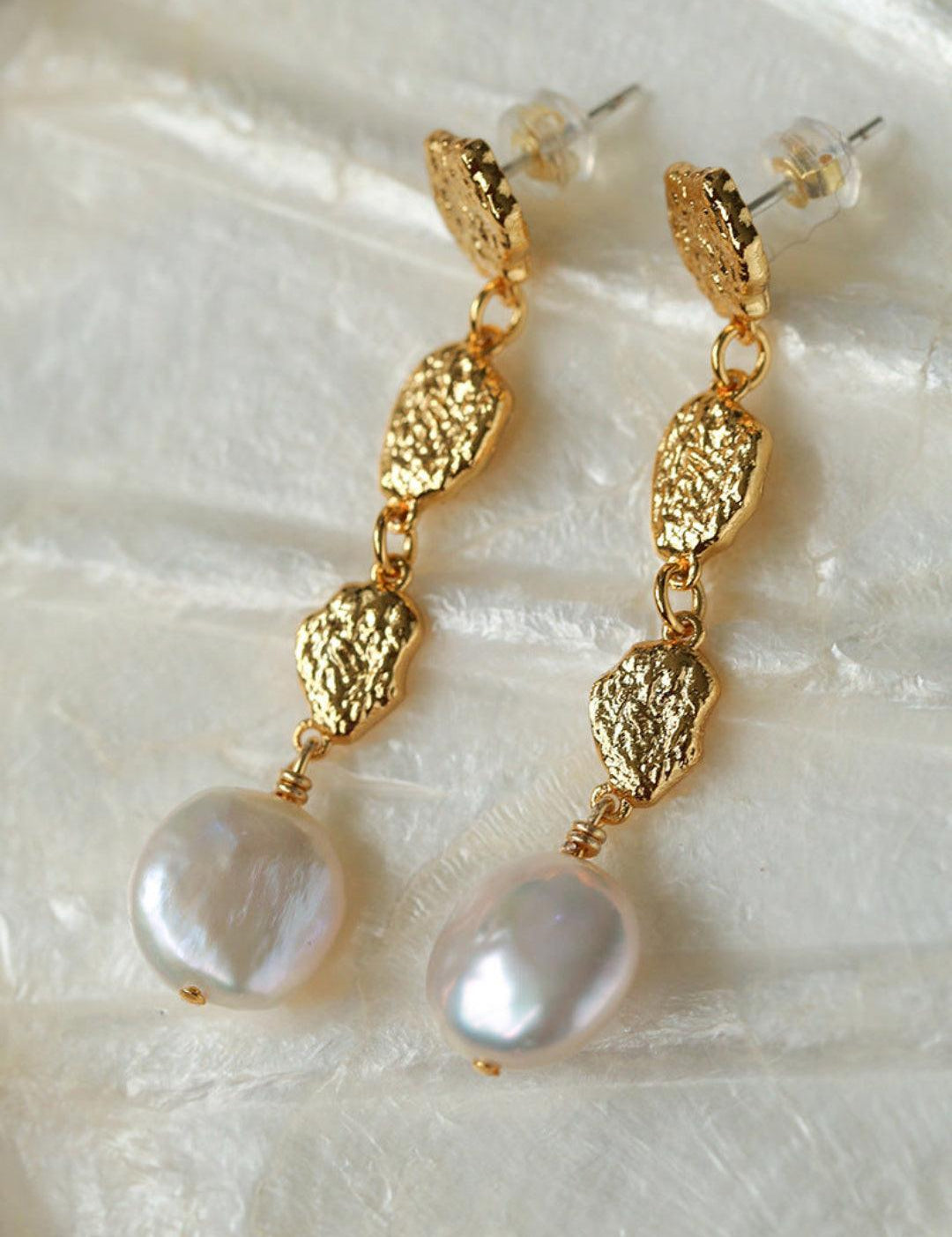 Irregular Gold Coin Button Pearl Earrings - Gembea Jewelry