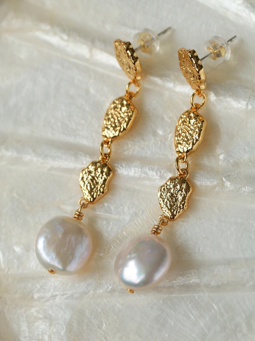 Irregular Gold Coin Button Pearl Earrings - Gembea Jewelry