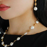 Irregular Gold Coin Button Pearl Earrings - Gembea Jewelry