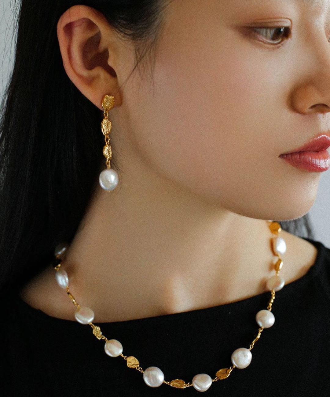 Irregular Gold Coin Button Pearl Earrings - Gembea Jewelry
