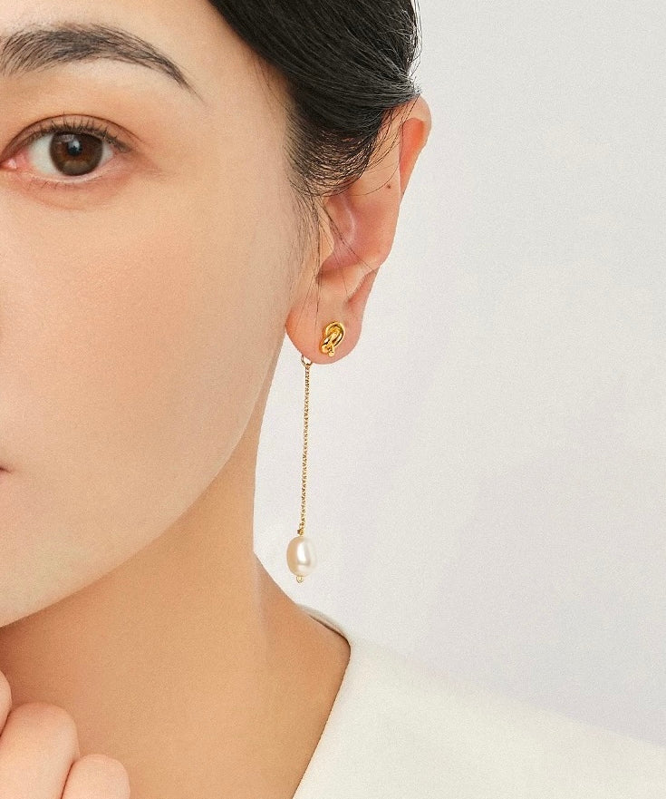 Knotted Long Chain Pearl Drop Earrings GEMBEA JEWELRY