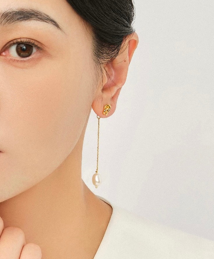Knotted Long Chain Pearl Drop Earrings GEMBEA JEWELRY