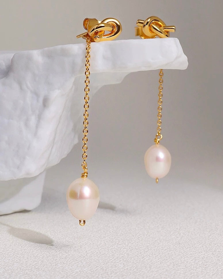 Knotted Long Chain Pearl Drop Earrings GEMBEA JEWELRY