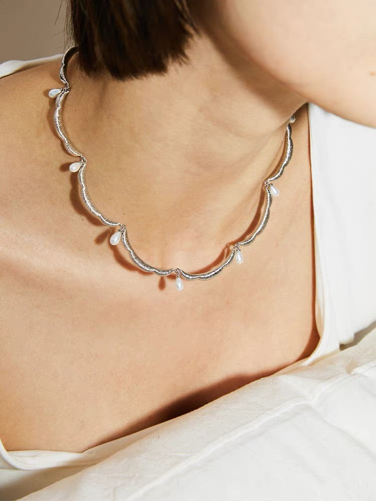 Lace-trimmed Pearl Necklace-Gembea jewelry