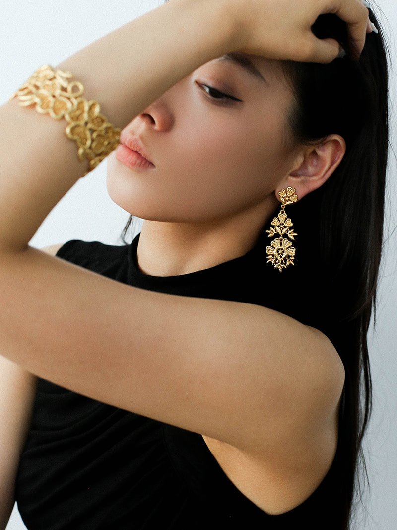 Lace Embroidered Gold Silver Metal Earrings gembea jewelry