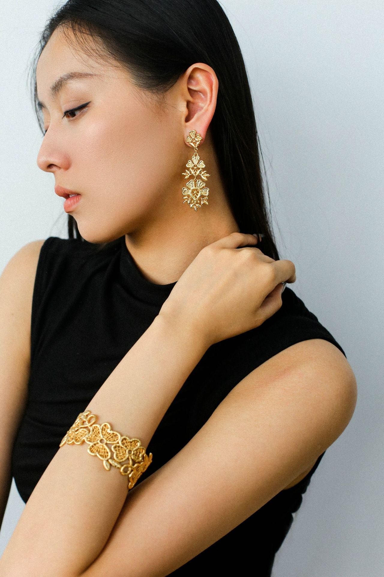 Lace Wide Embroidered Gold Silver Cuff Bracelet