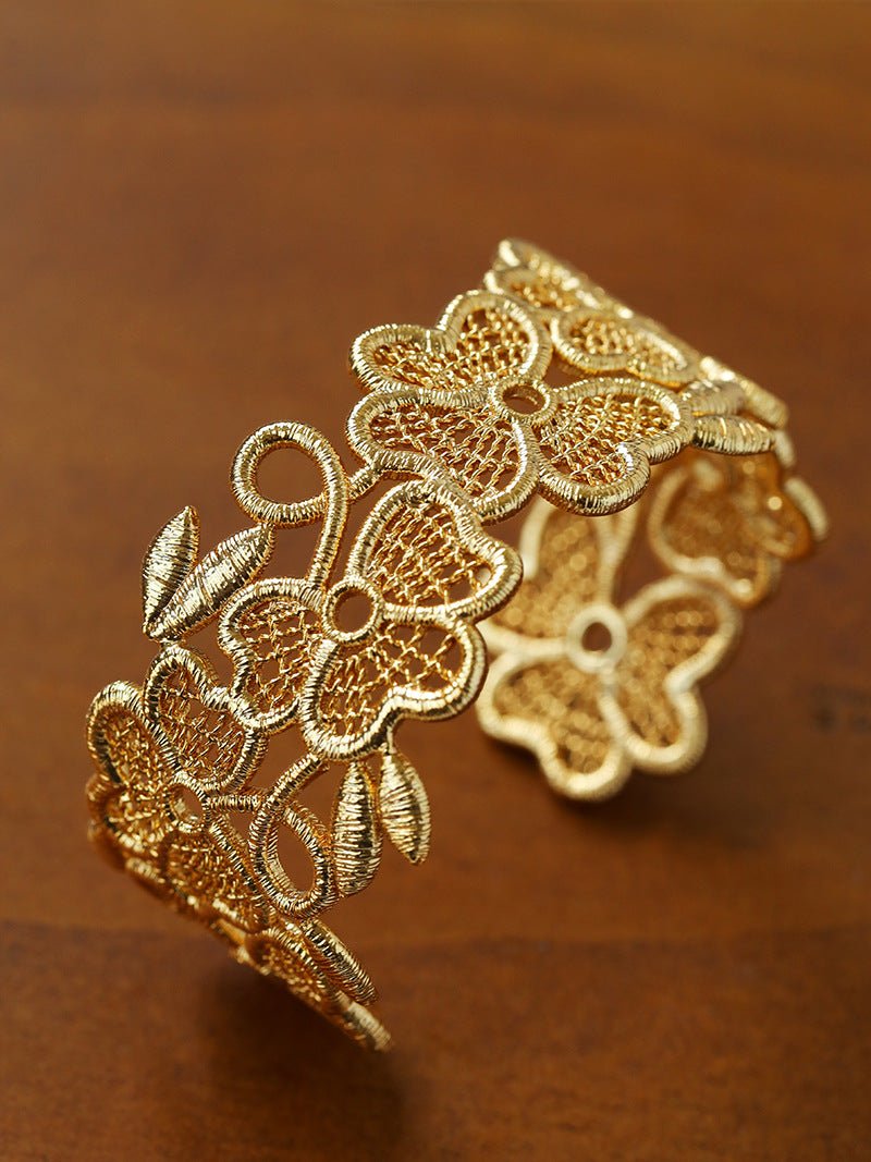 Lace Wide Embroidered Gold Silver Cuff Bracelet