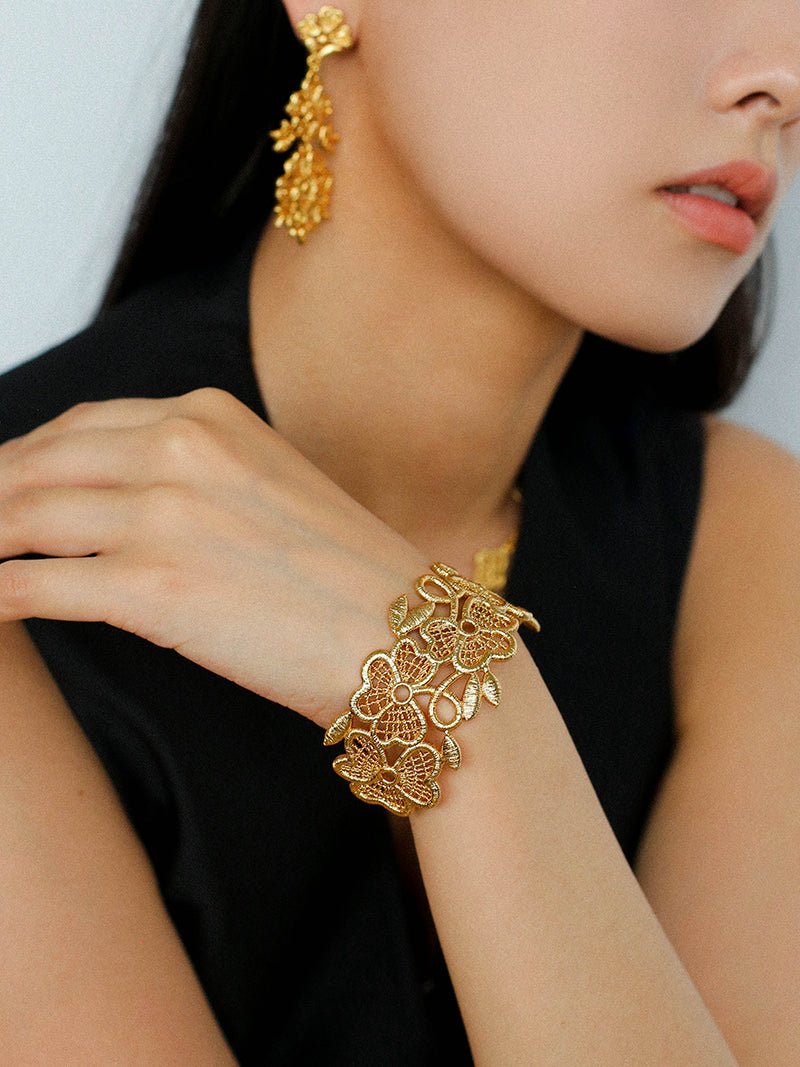 Lace Wide Embroidered Gold Silver Cuff Bracelet