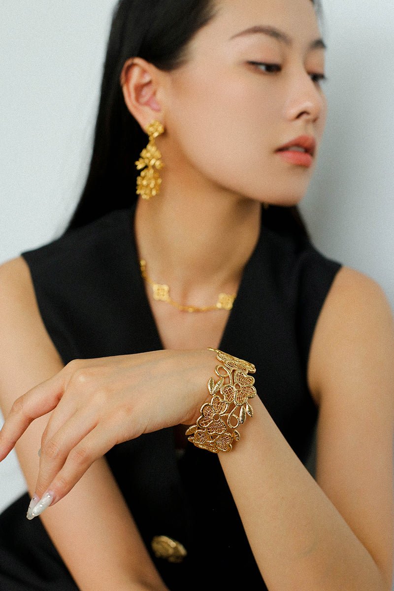 Lace Wide Embroidered Gold Silver Cuff Bracelet
