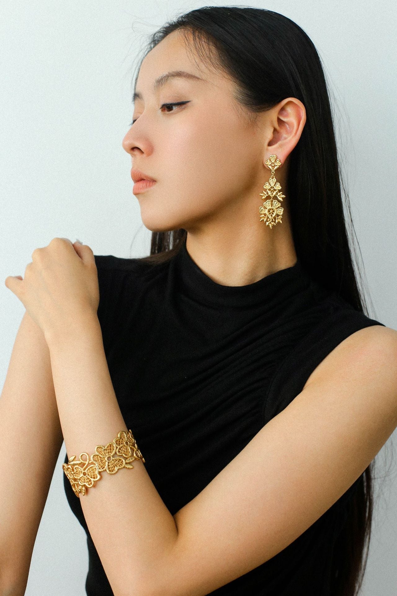 Lace Wide Embroidered Gold Silver Cuff Bracelet