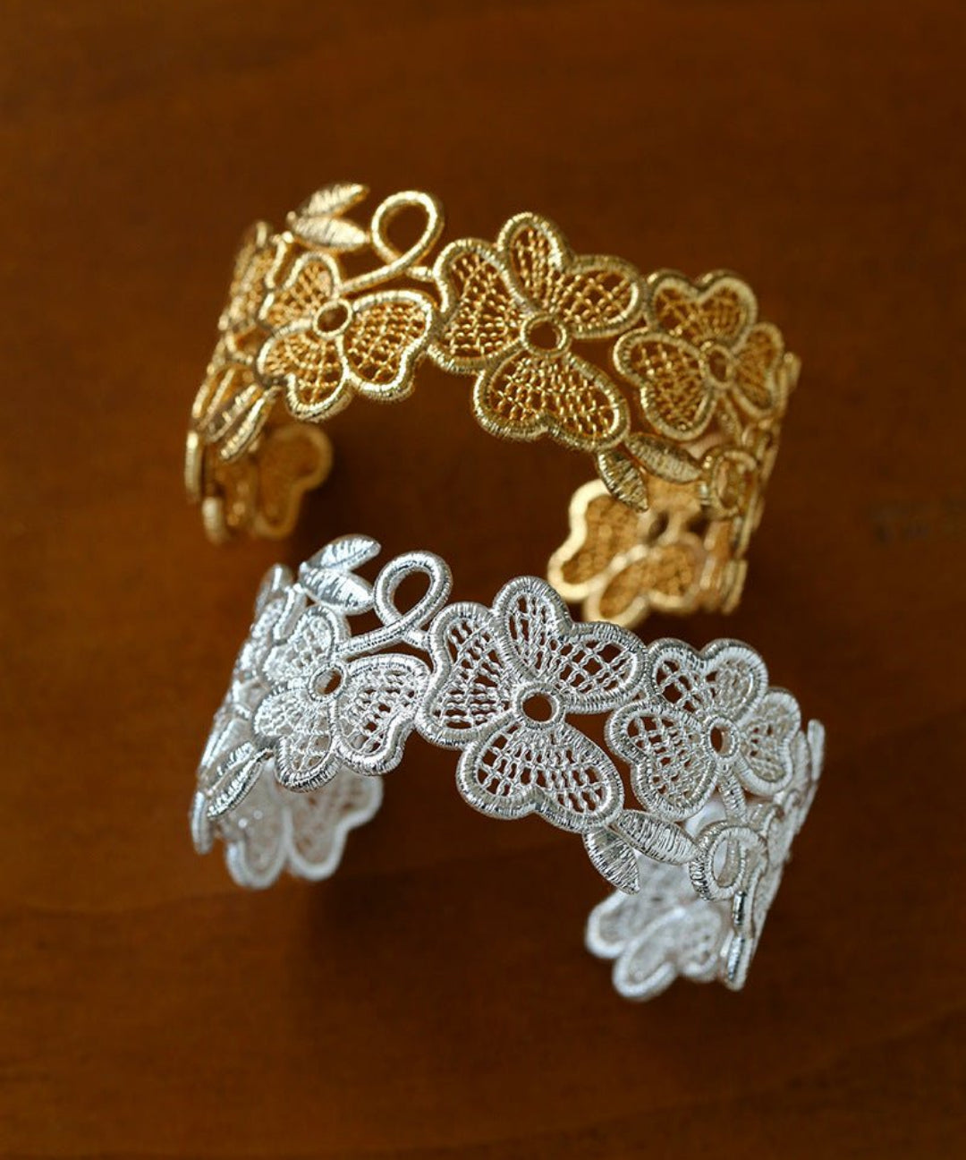 Lace Wide Embroidered Gold Silver Cuff Bracelet