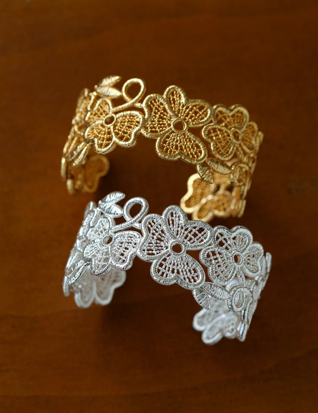 Lace Wide Embroidered Gold Silver Cuff Bracelet
